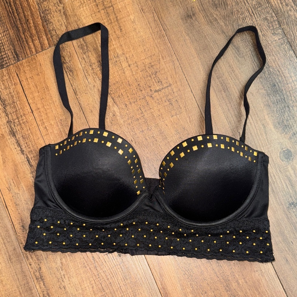 PINK Victoria's Secret Black Longline Bra with Gold Studs